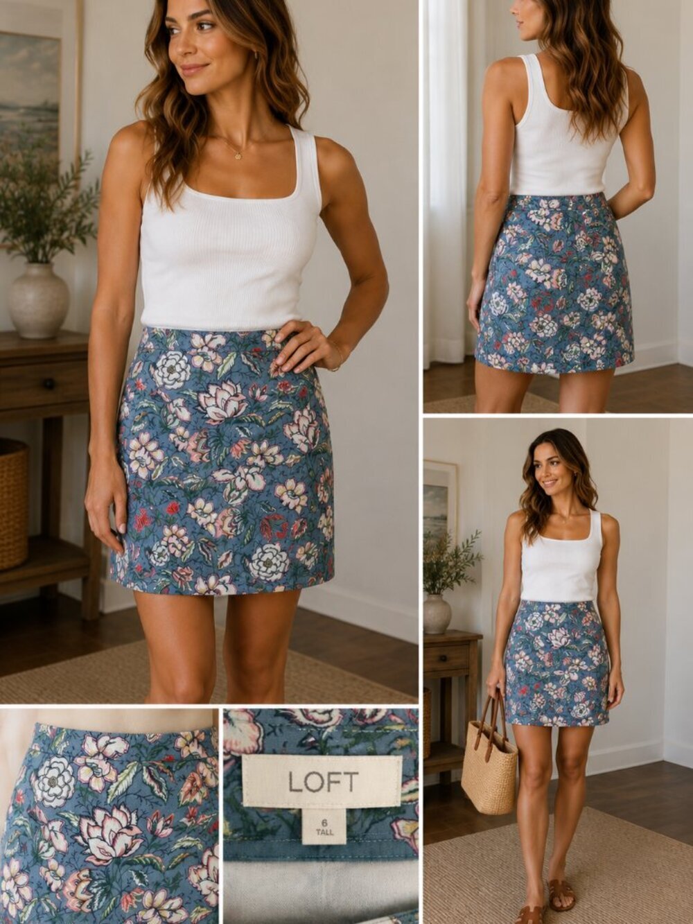LOFT Floral Skirt Womens 6 Tall Blue Botanical Cotton Stretch Pencil Mini